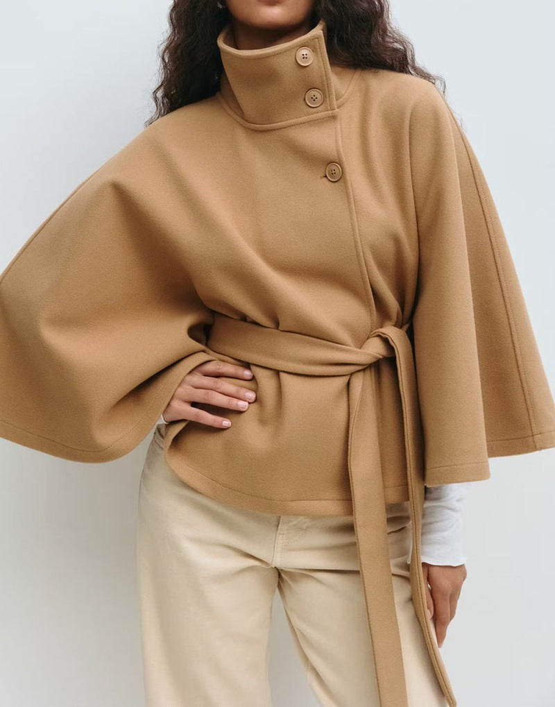 Winter High Neck Batwing Sleeve Coat With Belt Fashion Loose Elegant Button Top Trench Coat For Women Clothing 6