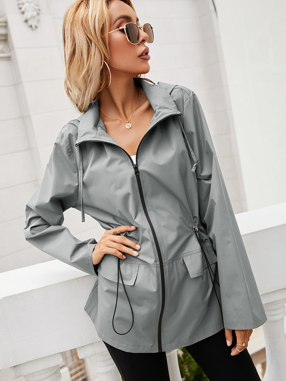 Hooded Zipper Waist Waterproof Raincoat Outdoor Sports Windbreaker Mountaineering Clothing Jacket Jacket Tops For Women 4