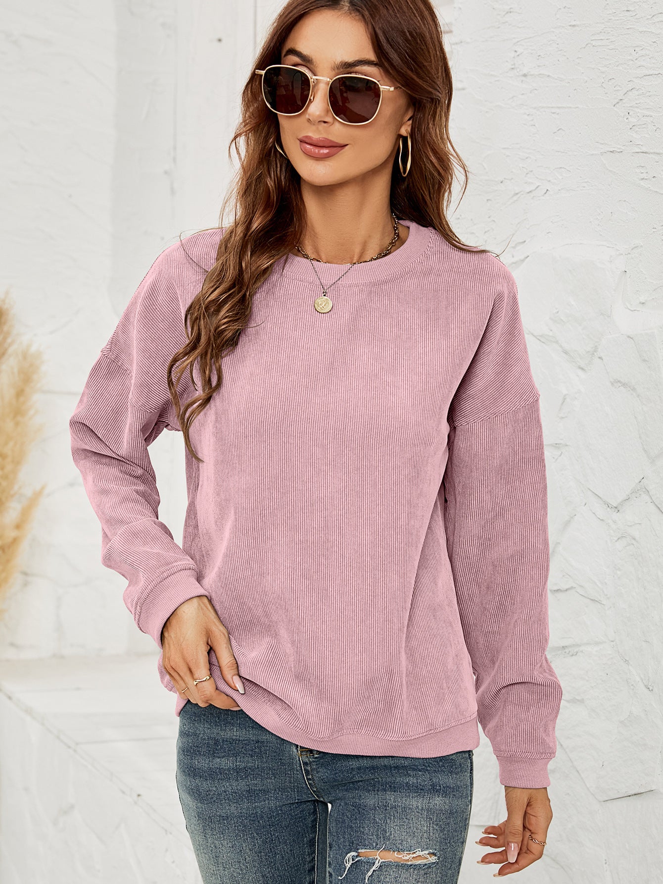 Damenpullover Corduroy Sweatshirt – Einfarbig, Rundhalsausschnitt, Lange Ärmel, Casual, 100% Polyester 6