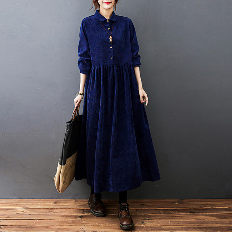 Damen Corduroy Maxi Kleid mit Hemdkragen und Knopfleiste 1