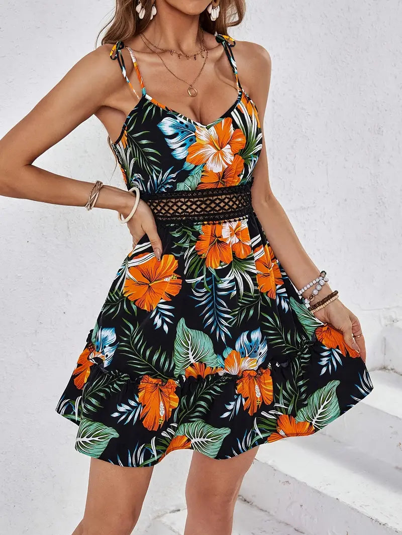 Beatrix | Damen Minikleid mit Tropischem Print und Rüschensaum