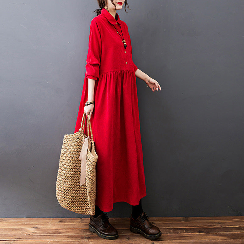 Damen Corduroy Maxi Kleid mit Hemdkragen und Knopfleiste 5