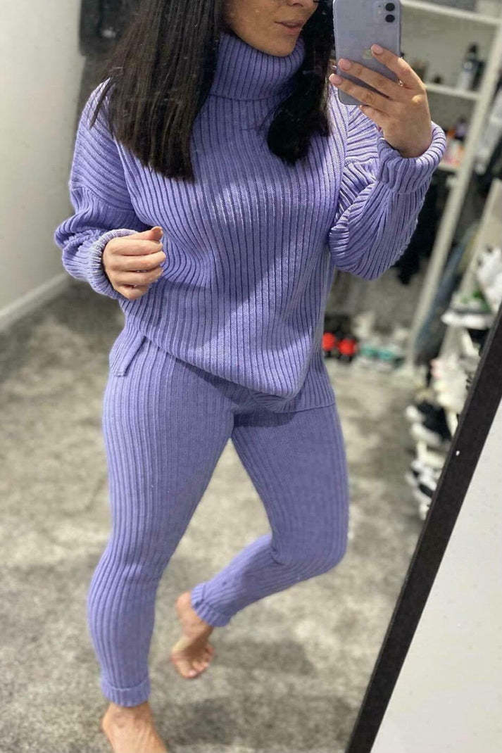 Ladies Chunky Knitted Ribbed Polo High Neck Top Leggings Loungewear Suit Set 10