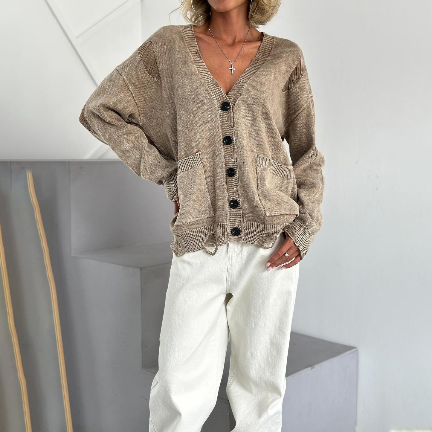 Washed-Out-Strickjacke für Damen
