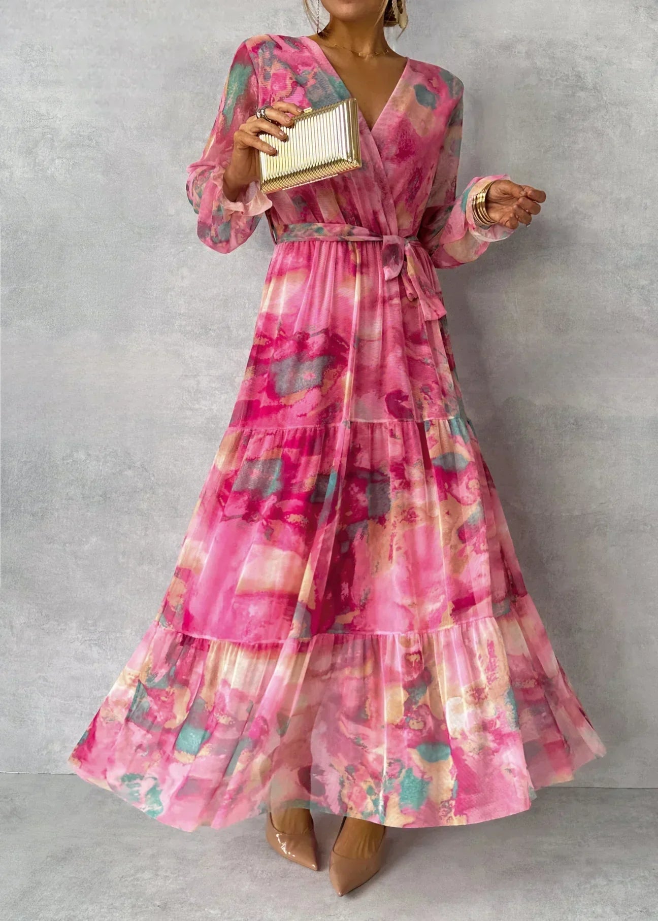 Variant image for Beatrix | Elegantes Rosa Florales Maxikleid mit Langen Ärmeln für Frauen-1