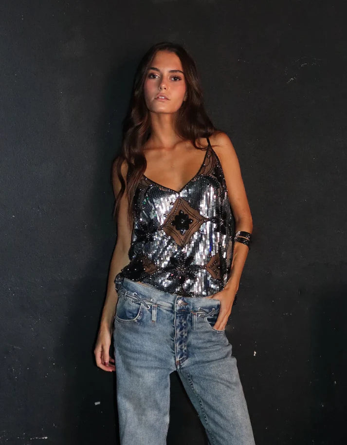 Lena | Glitzer Oberteil mit Perlen für Damen - Elegantes Netzoberteil 6