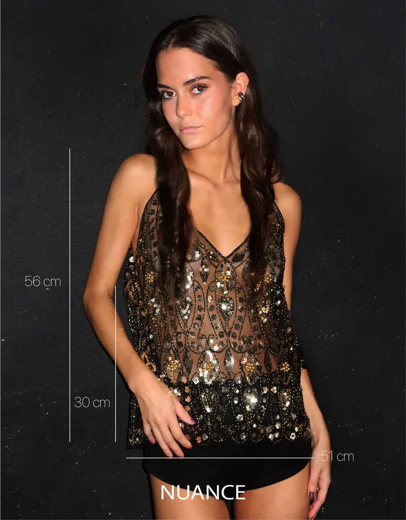 Lena | Glitzer Oberteil mit Perlen für Damen - Elegantes Netzoberteil 5