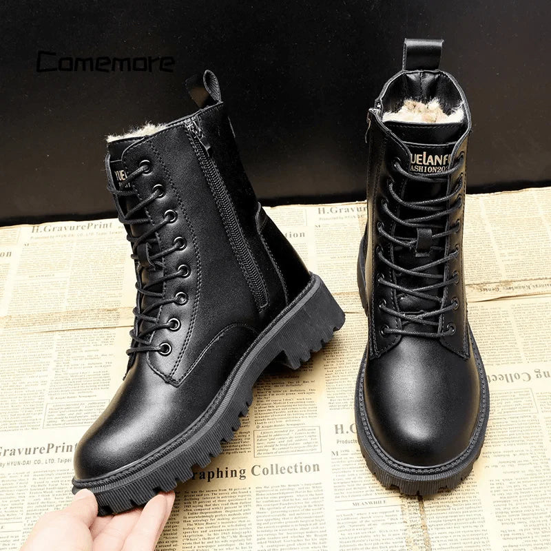 Vera | Zeitlose schwarze Lederstiefel mit Fellfutter