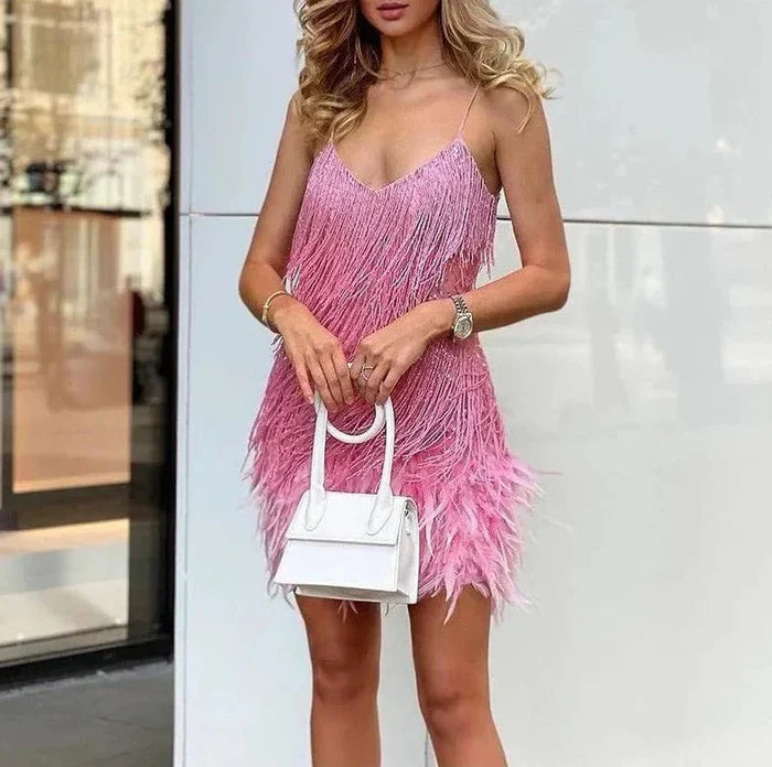 Beatrix | Glamouröses Cocktailkleid für Hochzeit mit Pailletten und Federn