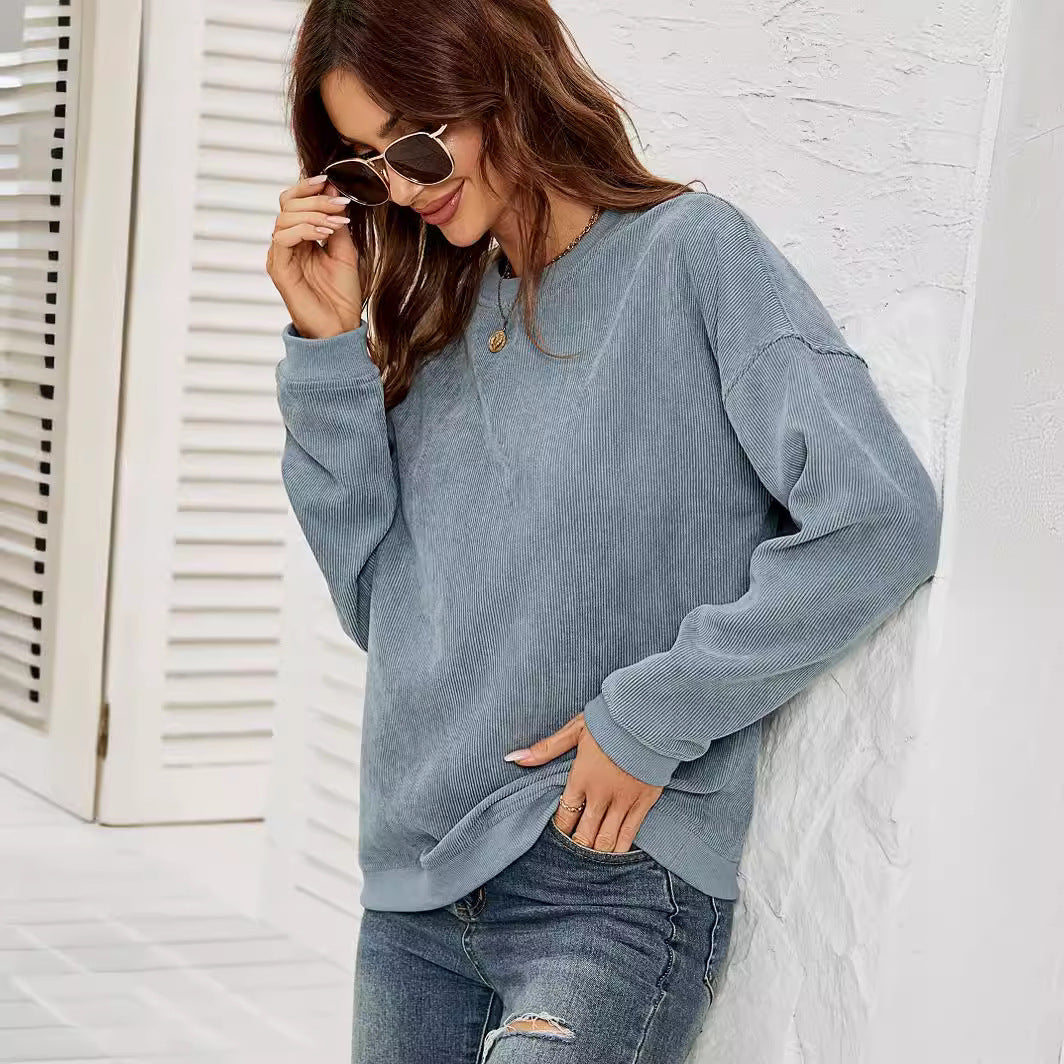 Damenpullover Corduroy Sweatshirt – Einfarbig, Rundhalsausschnitt, Lange Ärmel, Casual, 100% Polyester 3