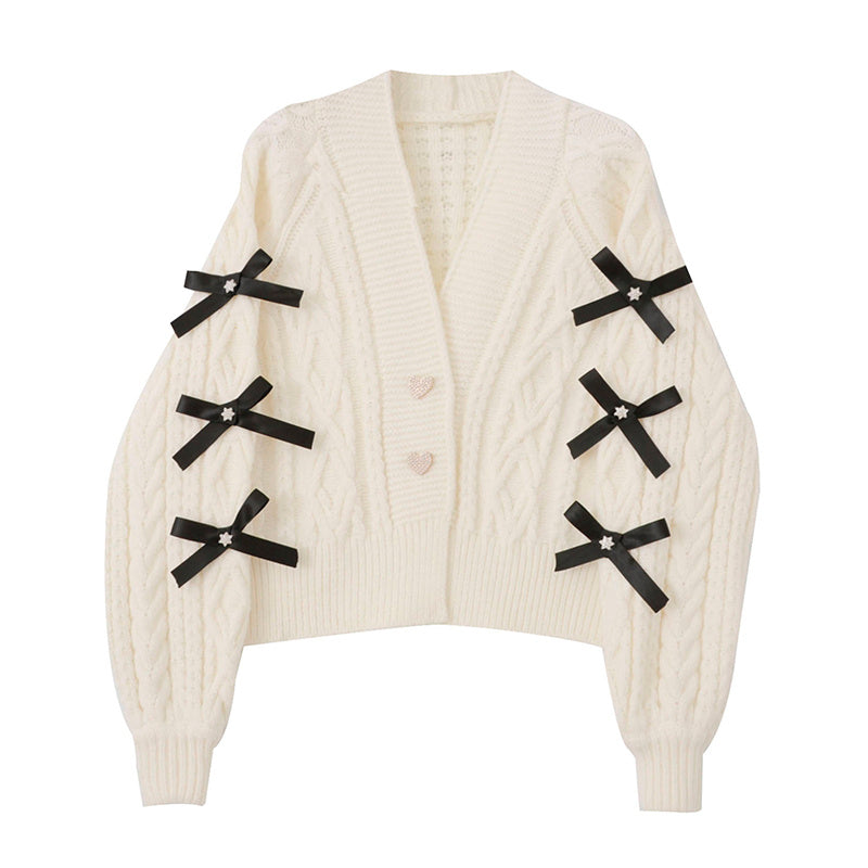 Modischer Strick-Cardigan mit Schleifen-Details, V-Ausschnitt, Lockerer Schnitt, Schwarz oder Weiß, Größen S-XL 7
