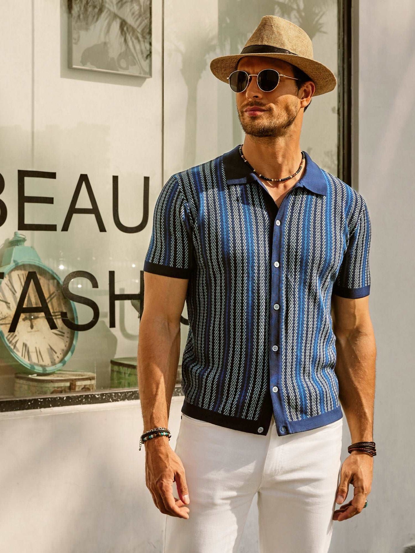 Variant image for Felix | Herren Poloshirt Retro Streifen Button-Down Kurzarm Shirt-8