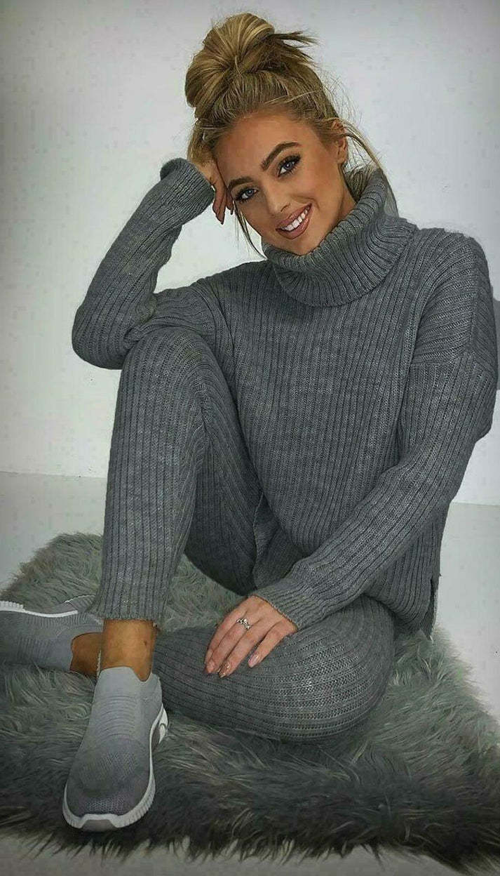 Ladies Chunky Knitted Ribbed Polo High Neck Top Leggings Loungewear Suit Set 8