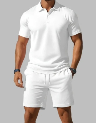 White Polo Shirt and Shorts Set for Men