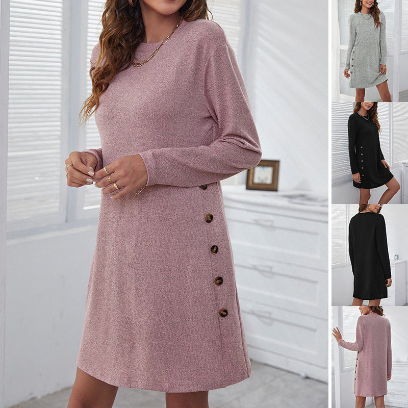 Long-sleeved Round-neck Straight Dress Fashion Casual Loose Solid Color Dress For Women Fall Spring Clothing 5