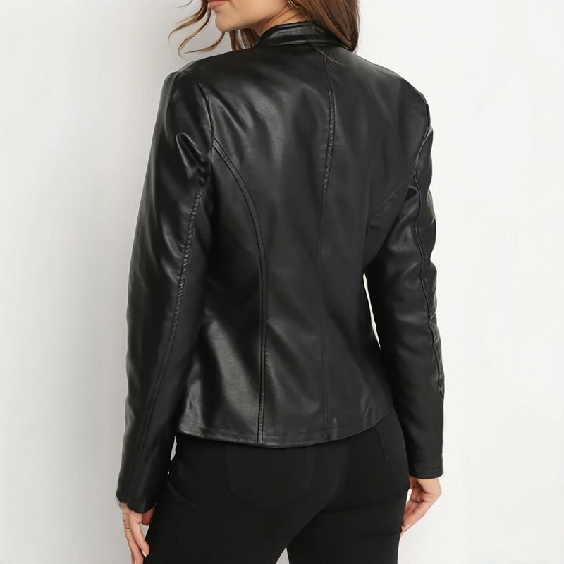 Womens Solid Color Long Sleeve Stand Collar Faux Leather Blazer - Single Button Zippered Jacket For Fall&Winter 4