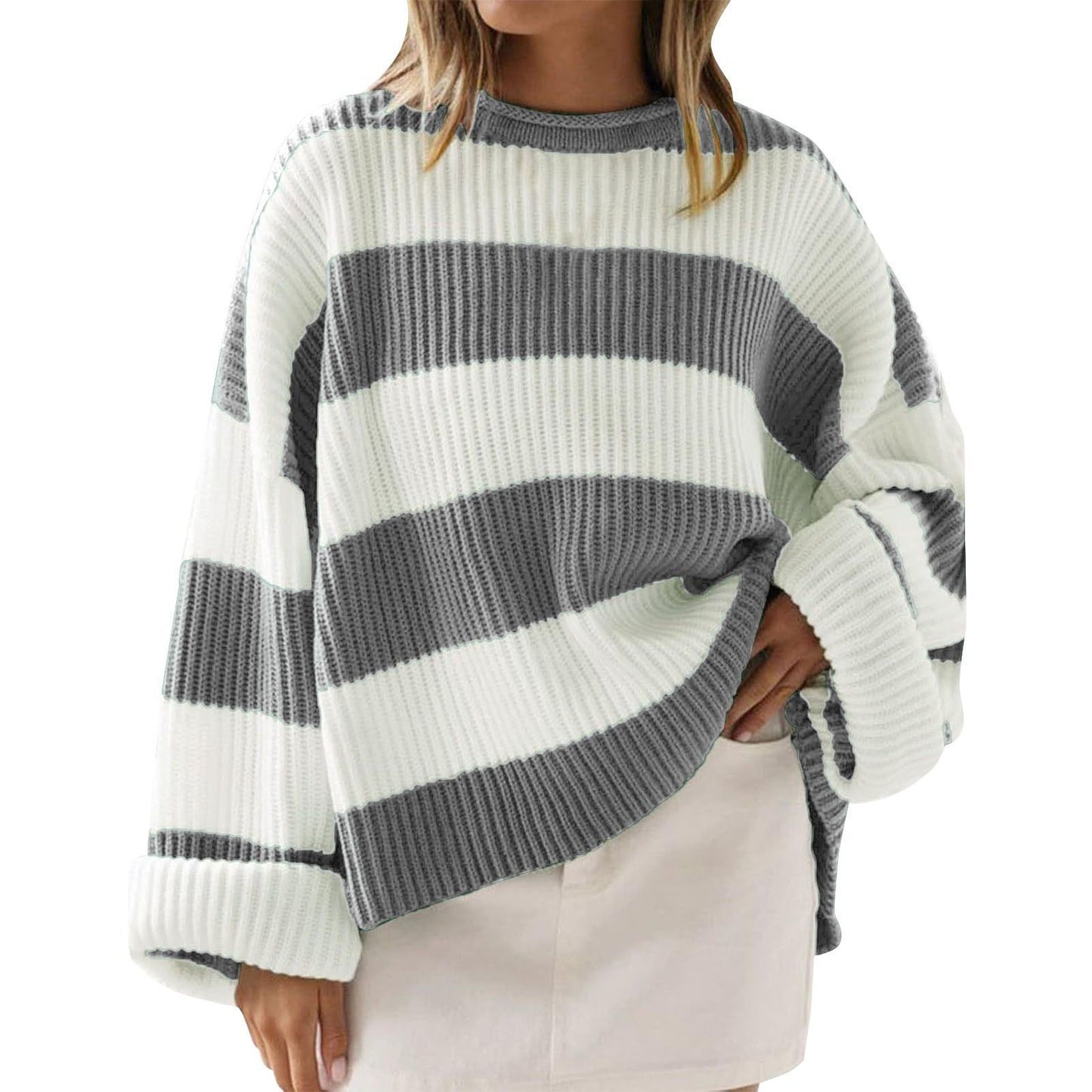 Loose Striped Sweater Fashion Casual Long Batwing Sleeve Round Neck Pullover Knit Tops Women Clothing 7