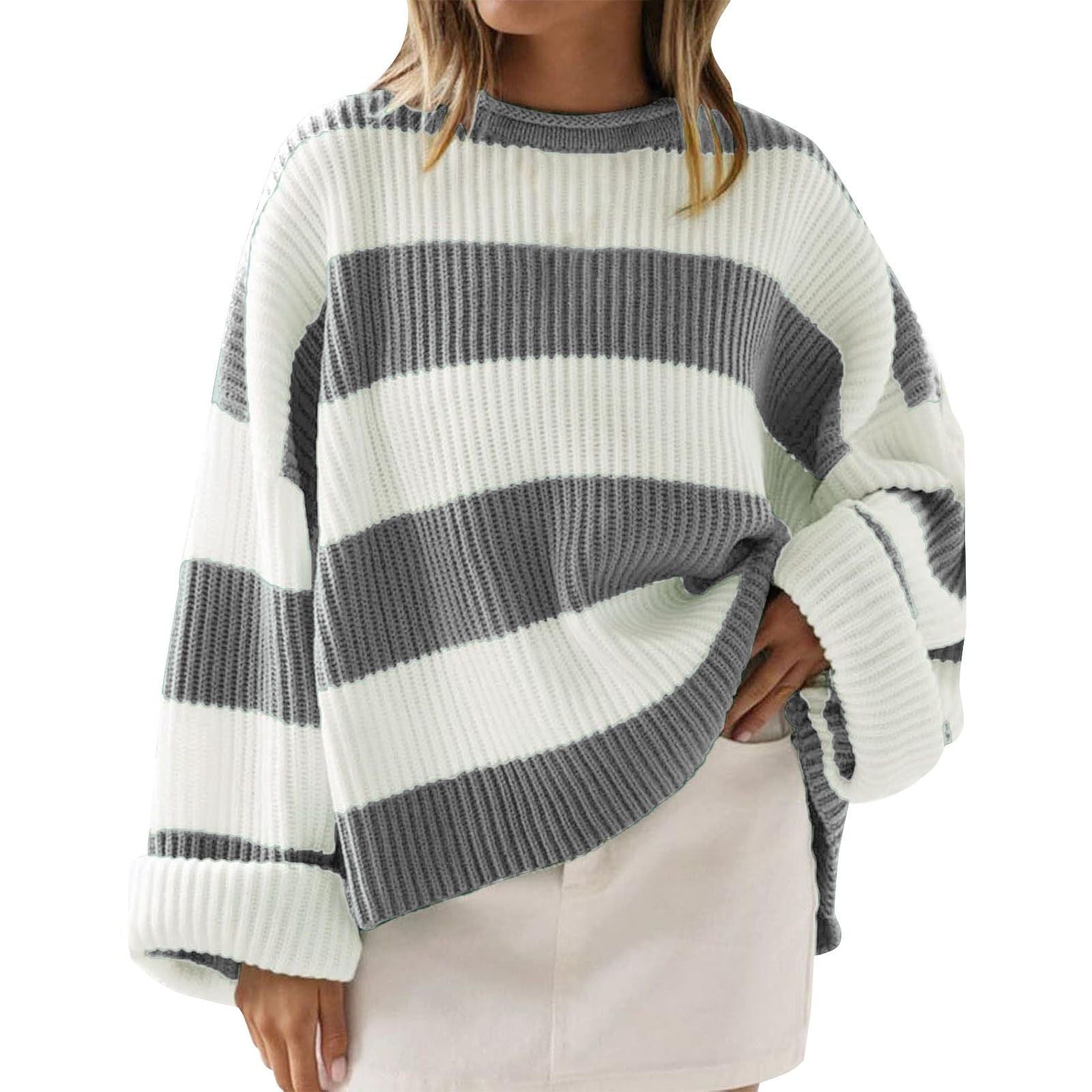 Loose Striped Sweater Fashion Casual Long Batwing Sleeve Round Neck Pullover Knit Tops Women Clothing 7