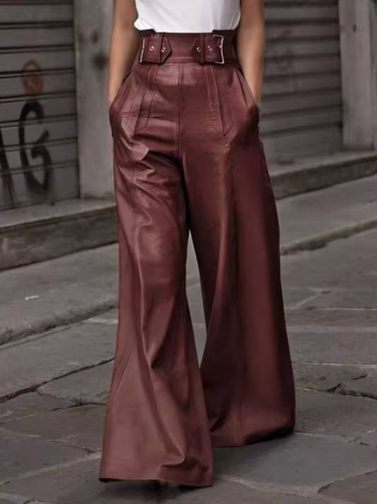 Lora | Acquista pantaloni di pelle alti da donna – Eleganti pantaloni di pelle con dettagli plissettati