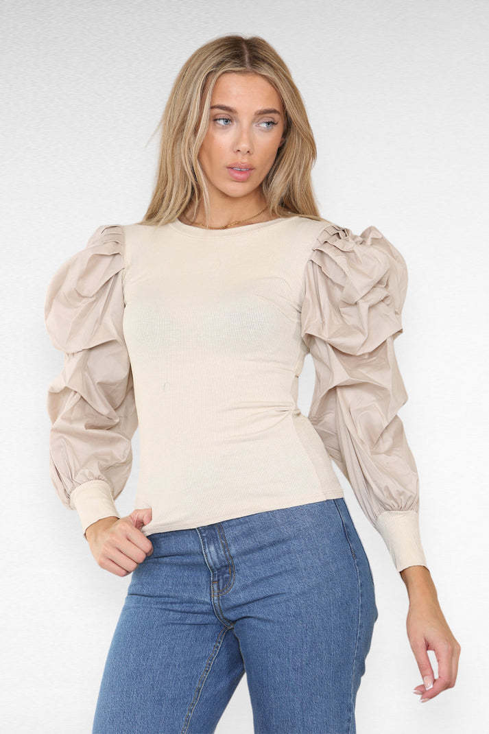 Oversized Top mit Puffärmeln für Damen – Bequemes Ribbed Oberteil aus Polyester und Elasthan, Ideal für Freizeit und Abendoutfits 4