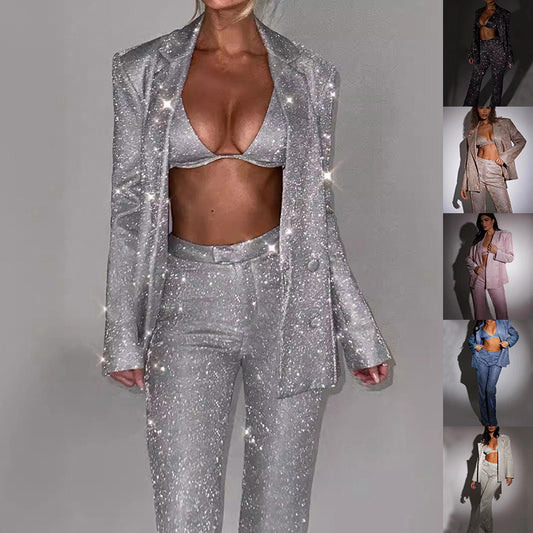 3pcs Shiny Long-sleeved Suit With Bra Lapel Blazer And Straight-leg Trousers Fashion Party Jacket Set For Women Clothing 1