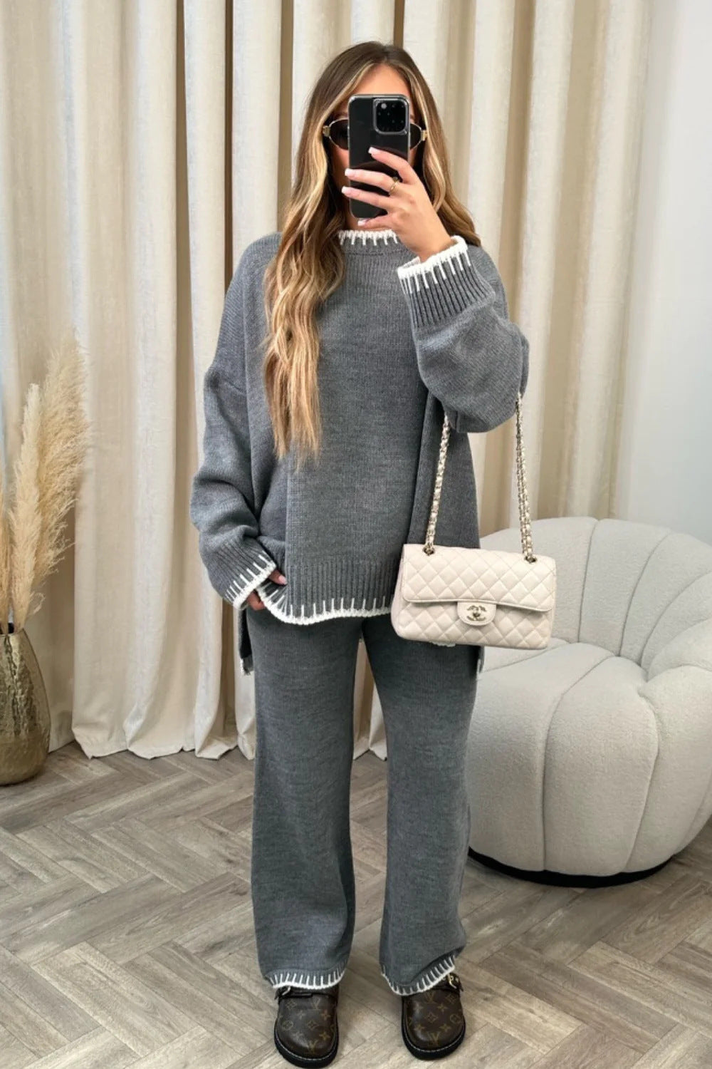 Damen Strick Zweiteiler mit Pullover und Hose 13