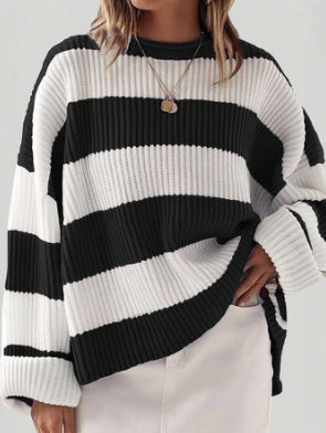 Loose Striped Sweater Fashion Casual Long Batwing Sleeve Round Neck Pullover Knit Tops Women Clothing 9