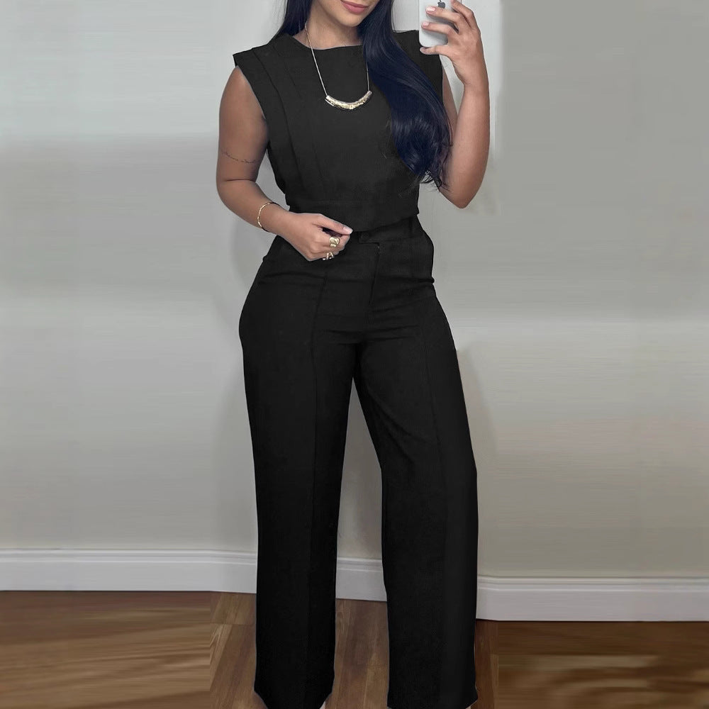 Summer Sleeveless Suit Fashion Round Neck Vest Top And Pocket Straight Pants Casual Trousers Set For Women Clothing 3