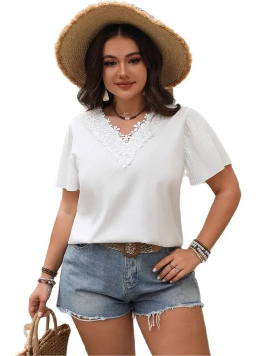 Alessia | Elegante Bluse Damen mit Floraler Spitze und Plissierten Ärmeln