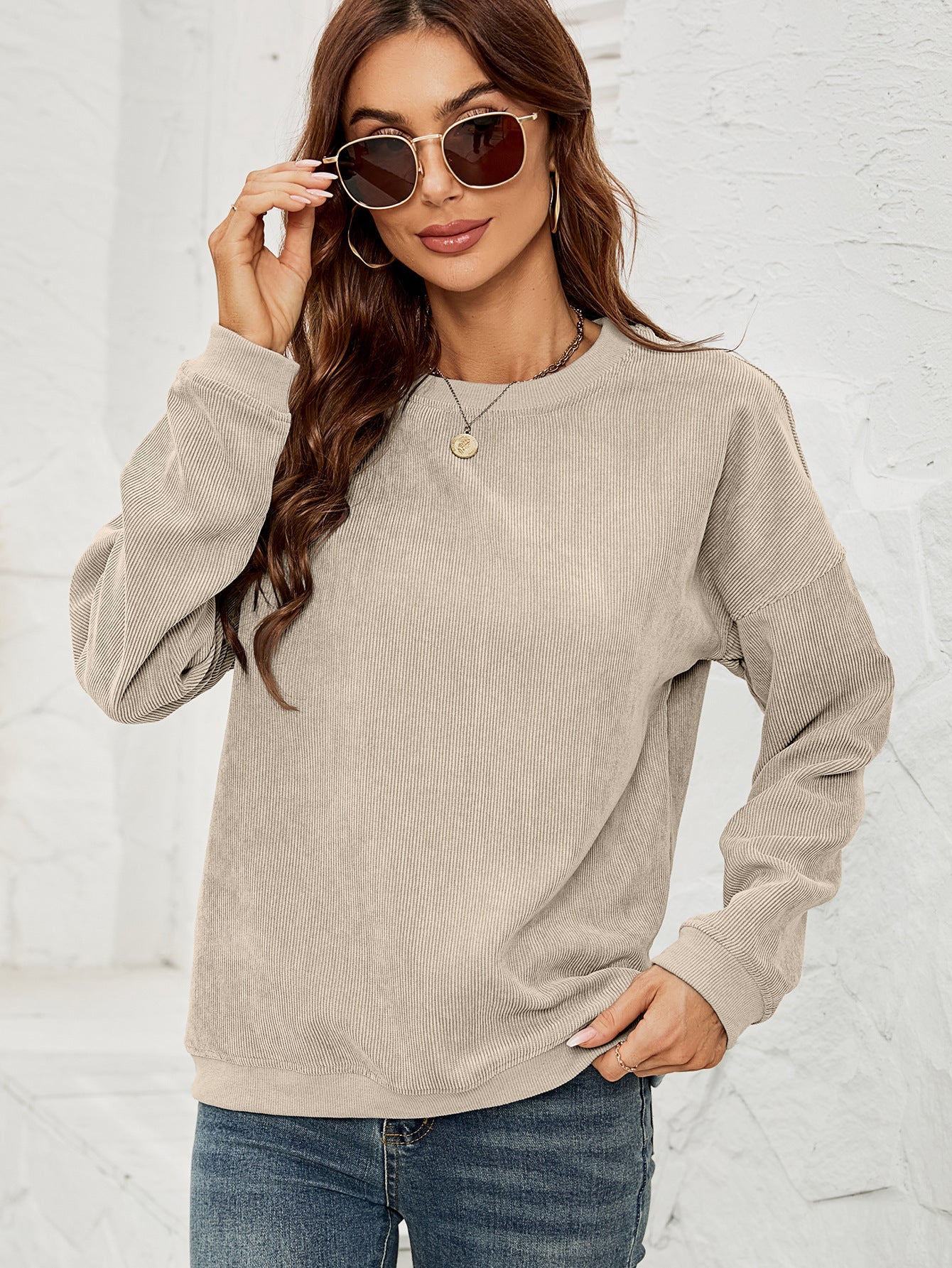 Damenpullover Corduroy Sweatshirt – Einfarbig, Rundhalsausschnitt, Lange Ärmel, Casual, 100% Polyester 4