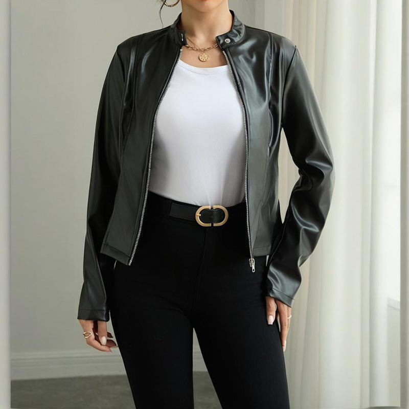 Womens Solid Color Long Sleeve Stand Collar Faux Leather Blazer - Single Button Zippered Jacket For Fall&Winter 6