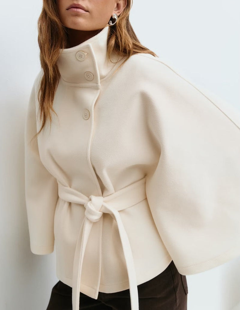 Winter High Neck Batwing Sleeve Coat With Belt Fashion Loose Elegant Button Top Trench Coat For Women Clothing 7