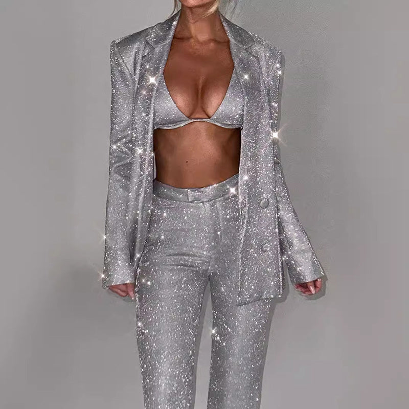 3pcs Shiny Long-sleeved Suit With Bra Lapel Blazer And Straight-leg Trousers Fashion Party Jacket Set For Women Clothing 4