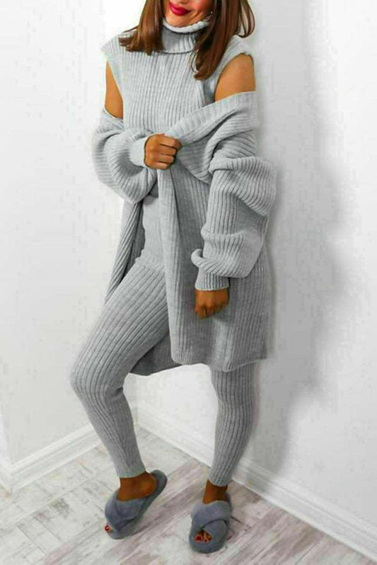 Ladies 3 Piece Suit Roll Neck Chunky Knitted Ribbed Tracksuit Lounge Set 1