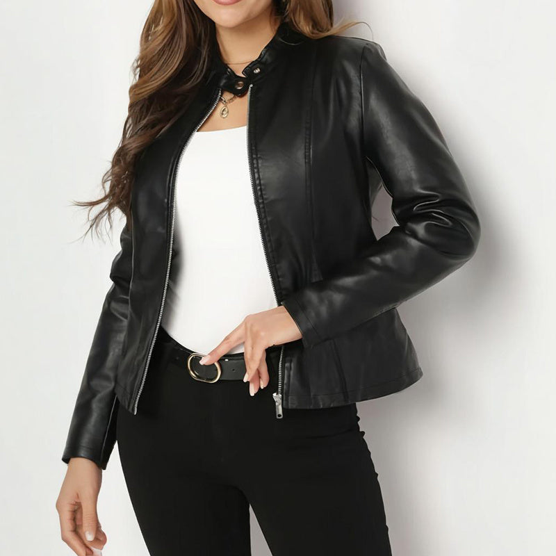 Womens Solid Color Long Sleeve Stand Collar Faux Leather Blazer - Single Button Zippered Jacket For Fall&Winter 1