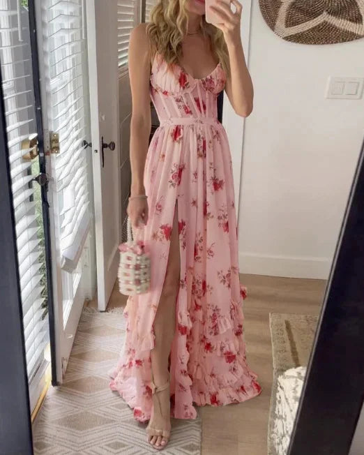 Eva | Elegant sommarklänning dam med blommönster och hög slits