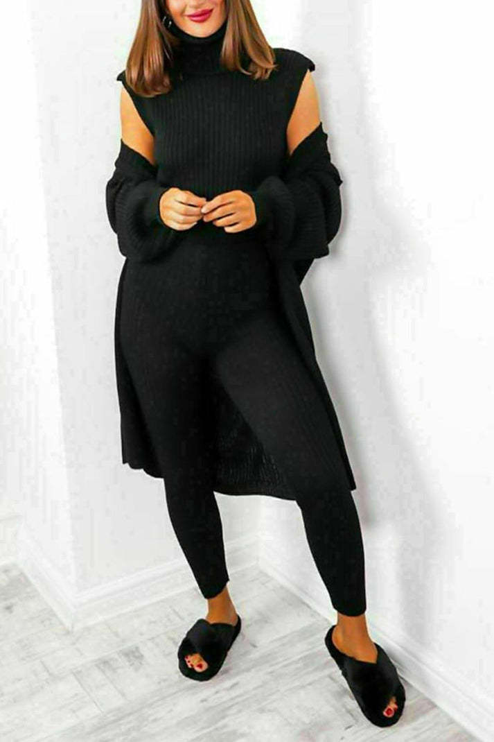 Ladies 3 Piece Suit Roll Neck Chunky Knitted Ribbed Tracksuit Lounge Set 2