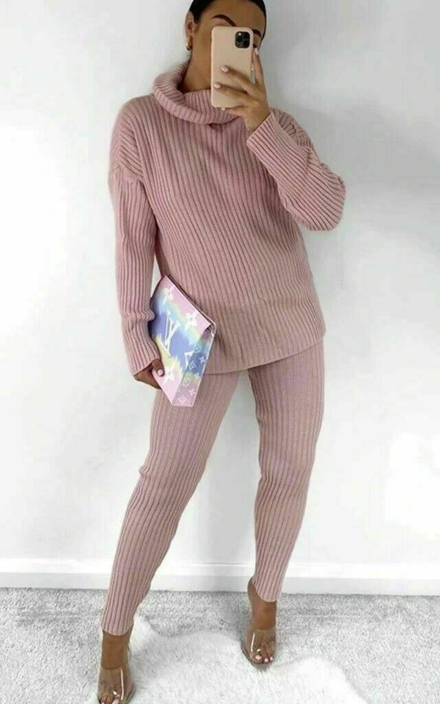 Ladies Chunky Knitted Ribbed Polo High Neck Top Leggings Loungewear Suit Set 5