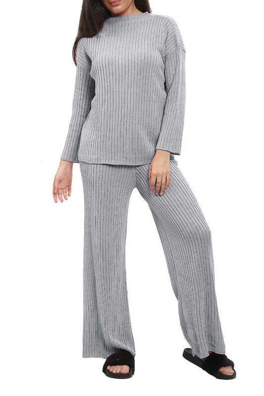 Ladies Chunky Knitted Ribbed Polo High Neck Top Leggings Loungewear Suit Set 1