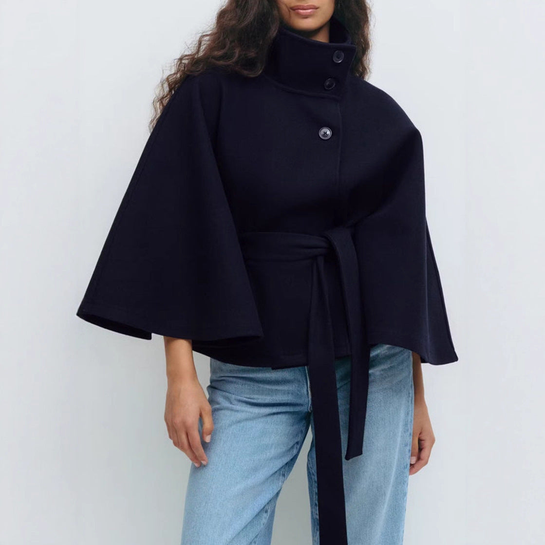 Winter High Neck Batwing Sleeve Coat With Belt Fashion Loose Elegant Button Top Trench Coat For Women Clothing 2