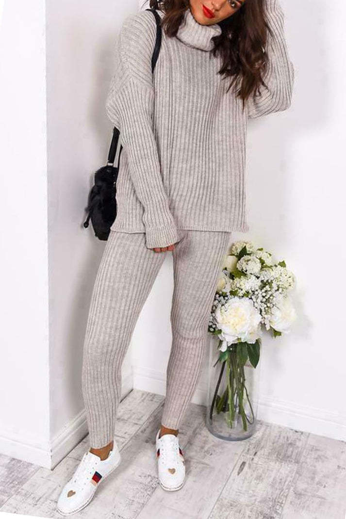 Ladies Chunky Knitted Ribbed Polo High Neck Top Leggings Loungewear Suit Set 4