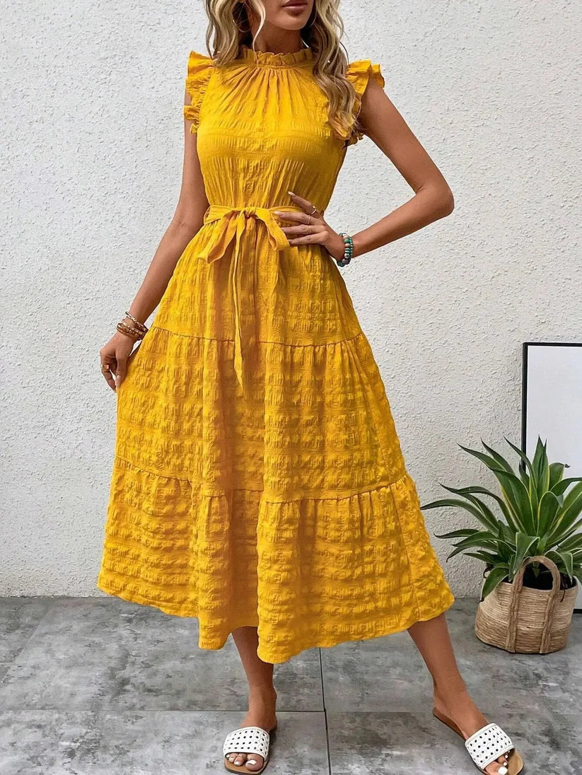 Denise | Elegant women's dress with belt and flyers for festive occasions