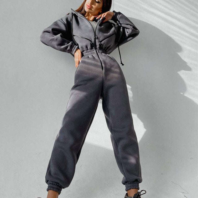 Casual Women Basic Hoodie Two Piece Sets Zipper Drawstring 5