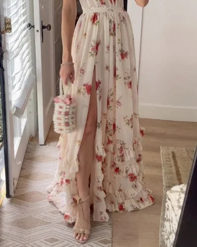 Eva | Elegant sommarklänning dam med blommönster och hög slits