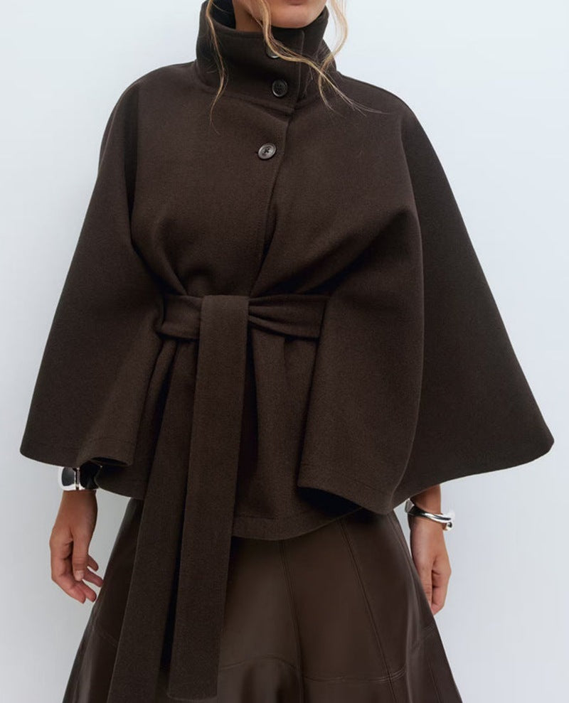 Winter High Neck Batwing Sleeve Coat With Belt Fashion Loose Elegant Button Top Trench Coat For Women Clothing 10