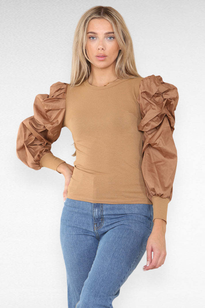 Oversized Top mit Puffärmeln für Damen – Bequemes Ribbed Oberteil aus Polyester und Elasthan, Ideal für Freizeit und Abendoutfits 2