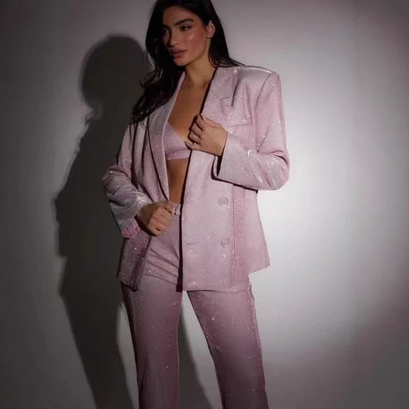 3pcs Shiny Long-sleeved Suit With Bra Lapel Blazer And Straight-leg Trousers Fashion Party Jacket Set For Women Clothing 6