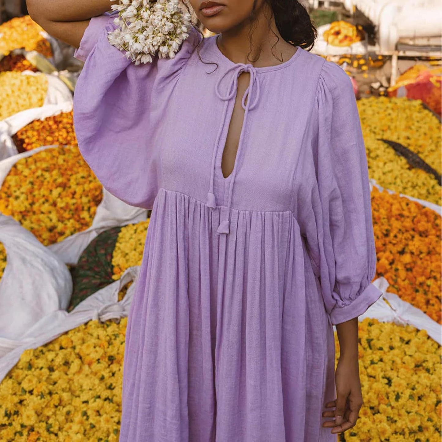 Alessia | Damen Boho-Kleid mit V-Ausschnitt und Ballonärmeln