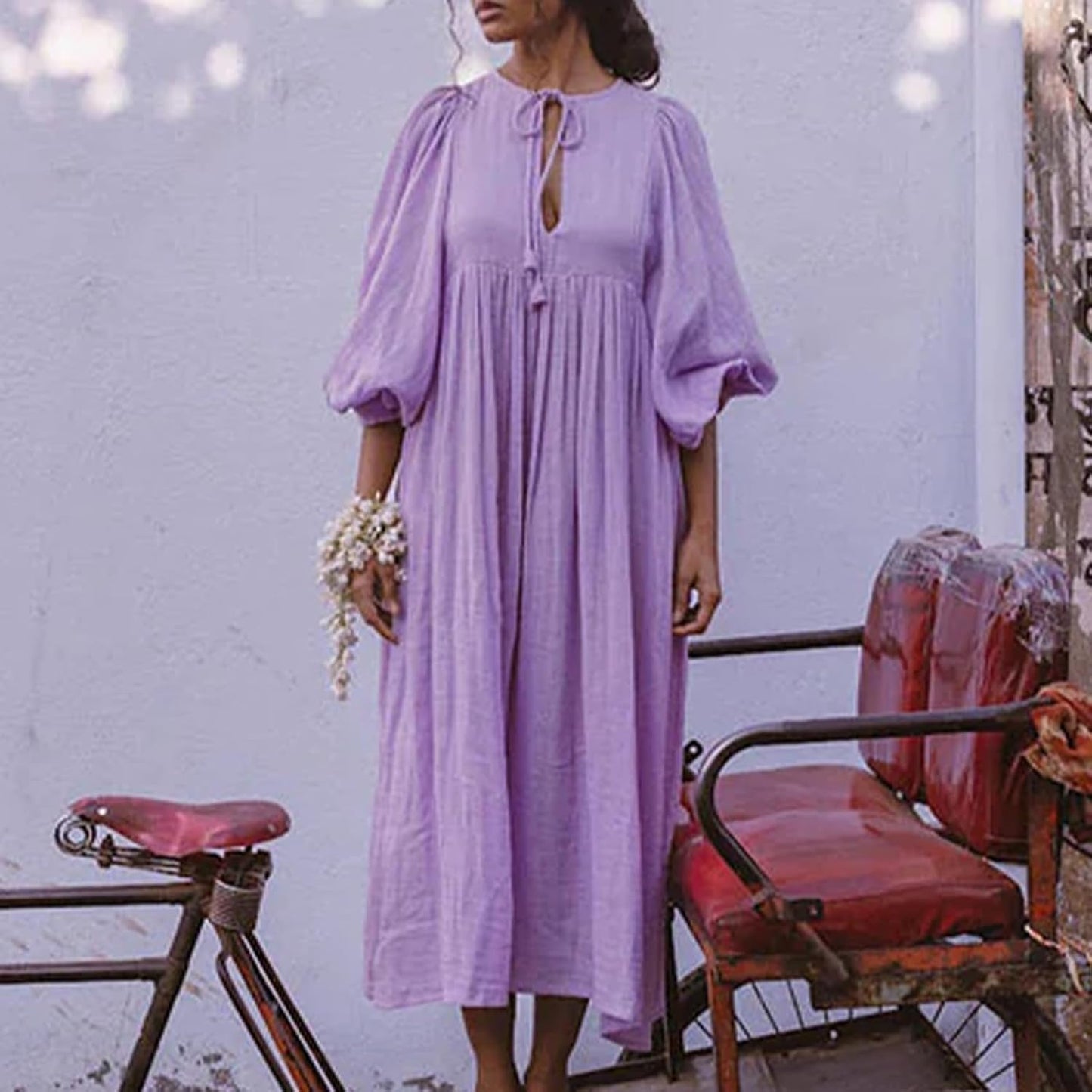 Alessia | Damen Boho-Kleid mit V-Ausschnitt und Ballonärmeln