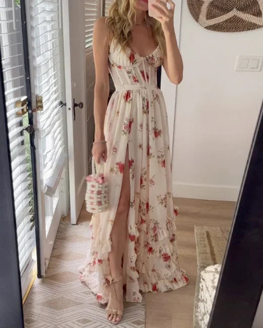Eva | Elegant sommarklänning dam med blommönster och hög slits